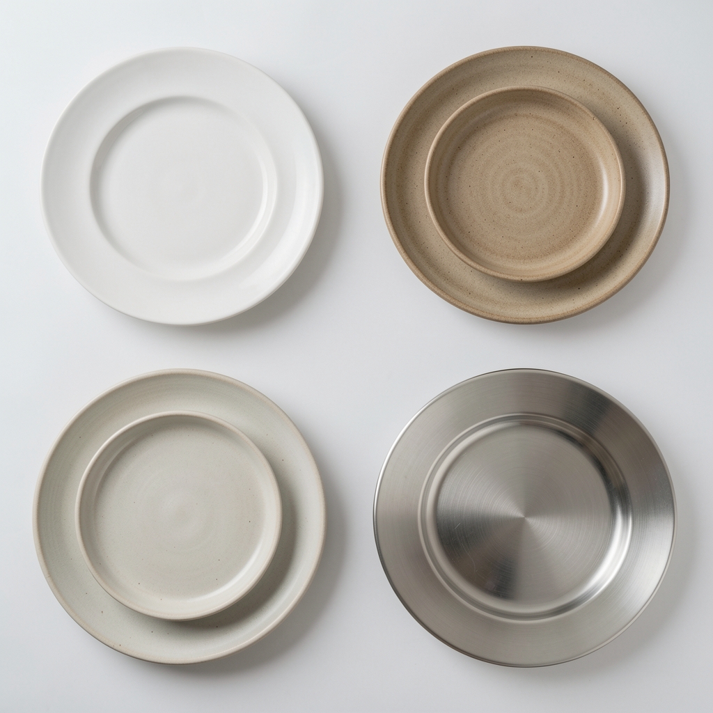 Porselen, cam, stoneware ve paslanmaz çelikten dört sofra parçasının üstten karşılaştırmalı görünümü