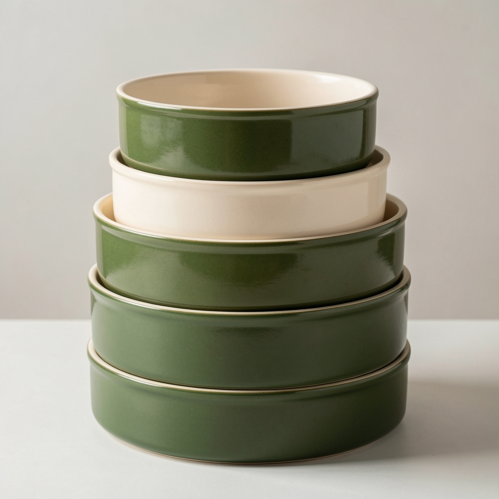 Farklı hacimlerde krem ve zeytin yeşili stoneware kaselerin üst üste dizilimi ve iç derinlik görünümü