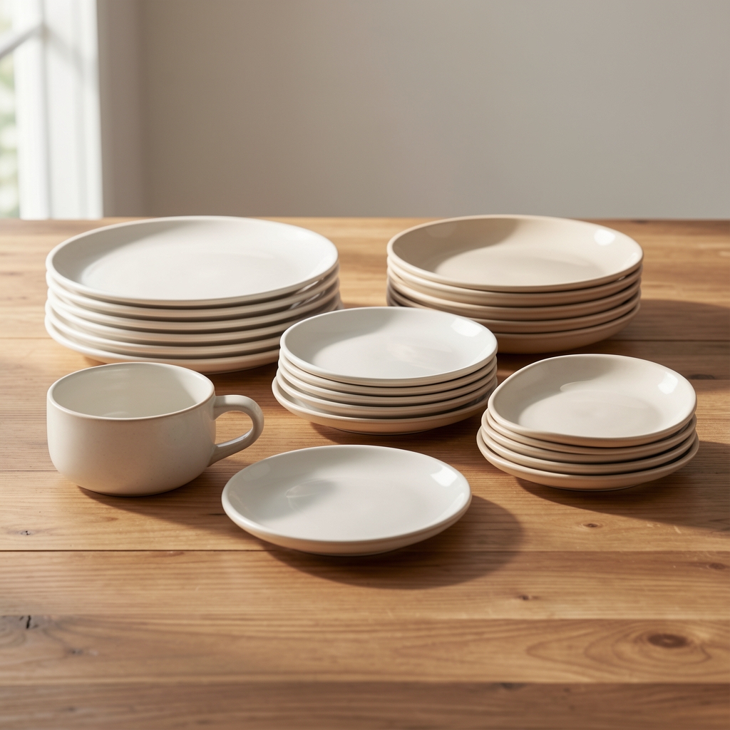 Ölçü kapları ve farklı çaplarda tabakların açık renk ahşap masa üzerinde düzenlenmiş rehber kompozisyonu
