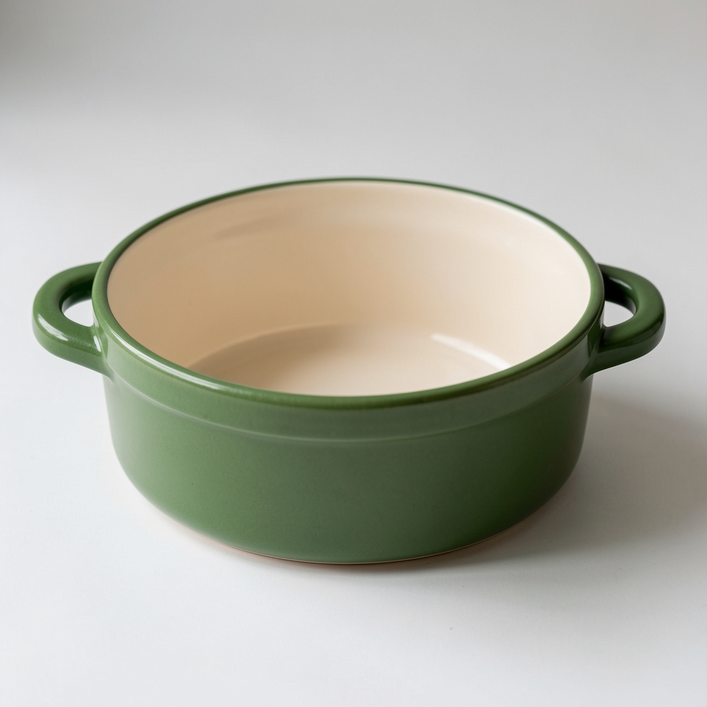 Zeytin yeşili stoneware kase, iç yüzeyi açık krem ve 550 ml kapasiteyi gösteren ürün çekimi