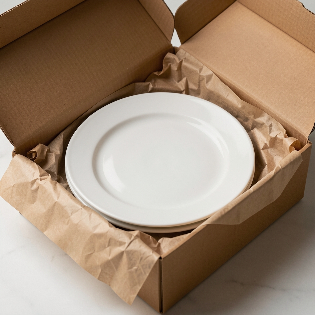 Sade kraft kutuda koruyucu dolgu kağıdıyla yerleştirilmiş seramik tabak ve kase paketleme kompozisyonu